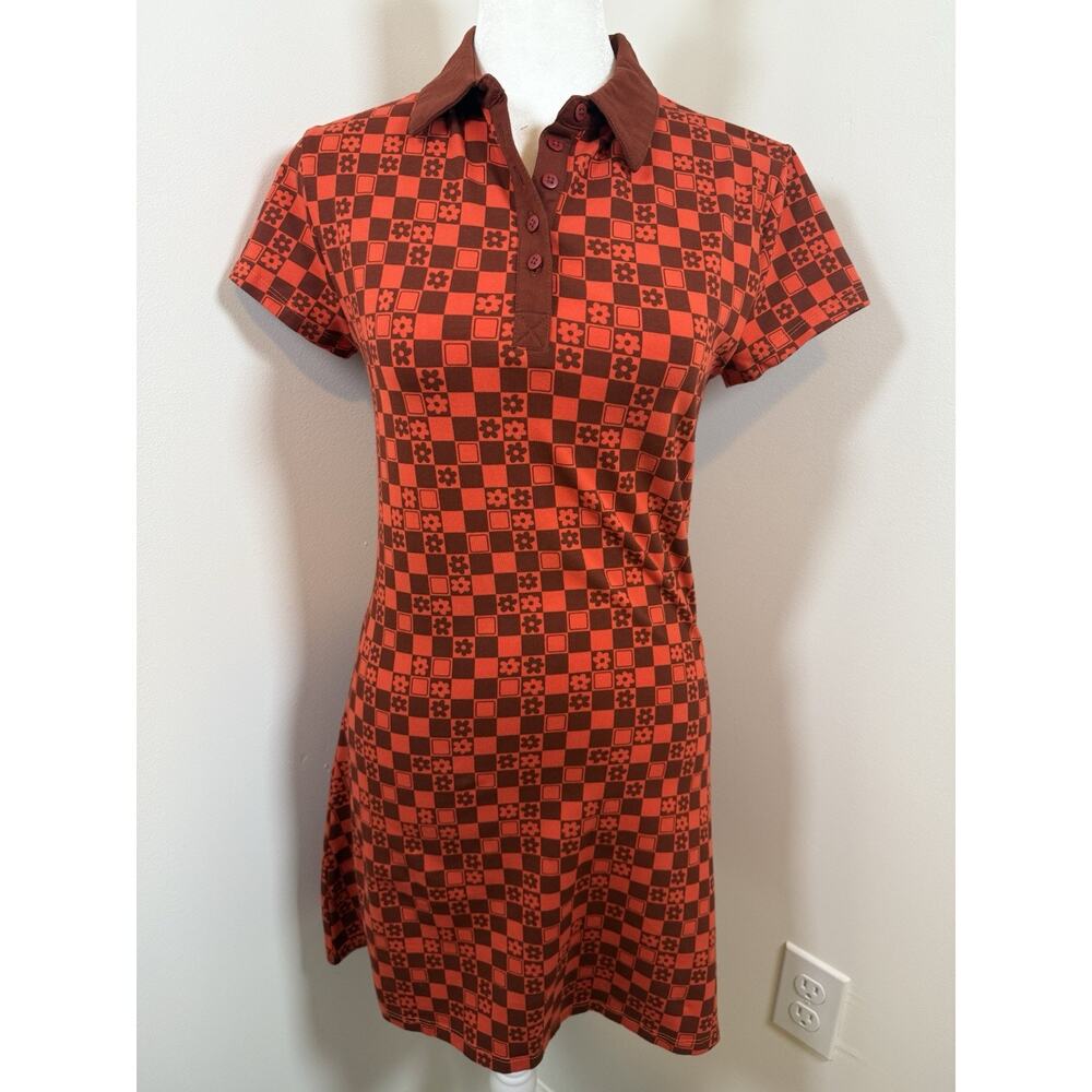 Urban Outfitters Women’s Medium Polo Dress Skater Geometric Floral Red Funky 70s - Picture 9 of 9